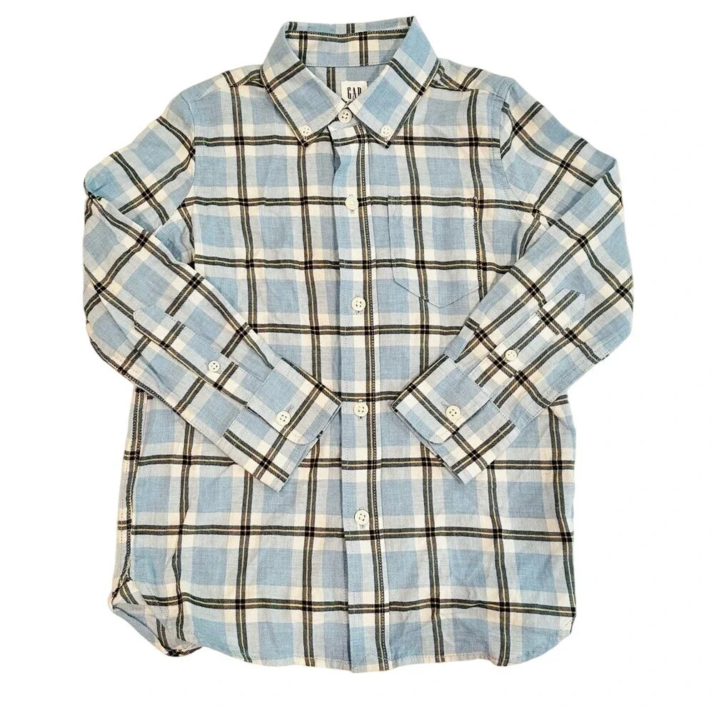 Gap Plaid 100% Cotton Button Down Shirt Boy's XS‎ 4-5 Light Blue Navy Casual NEW